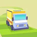 카툰 스타일의 노란색 트럭이 푸른 잔디길을 달리고 있는 모습