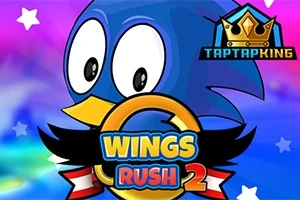 파란색 새가 별 무늬의 배경 앞에 있으며 Wings Rush 2라는 텍스트가 중앙에 있는 이미지