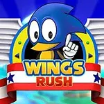 파란 색상의 캐릭터가 날개와 WINGS RUSH라는 글자가 있는 배너와 함께 포즈를 취하고 있다