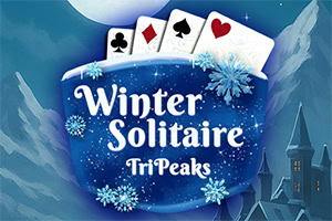 푸른 배경에 카드 모양과 Winter Solitaire TriPeaks라는 텍스트가 있는 이미지