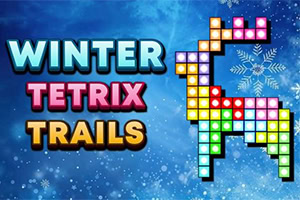 겨울 느낌의 배경 위에, 블록으로 만들어진 사슴과 눈송이, WINTER TETRIX TRAILS 텍스트