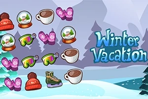 눈 내린 겨울 배경에 스노우 글로브, 핫초코, 스키 고글, 장갑, 스케이트, 모자 아이콘과 Winter Vacation 텍스트가 포함된 이미지