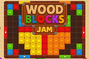 나무 프레임 안에 WOOD BLOCKS JAM 글자와 빨강·노랑·주황·초록·파랑 블록이 격자 형태로 배치된 퍼즐 화면