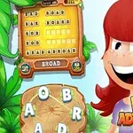 빨간 머리 캐릭터와 단어 퍼즐 목록, 그리고 WORD ADVENTURES 라고 적힌 텍스트가 있는 밝고 그림 같은 이미지