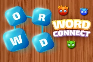 파란색 큐브에 O, R, W, D 글자가 있으며, 오른쪽에 WORD CONNECT라는 텍스트가 나무 배경 위에 있다