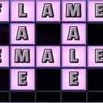 분홍색 배경의 격자 안에 FLAME과 FEMALE이라는 단어들이 배치되어 있다
