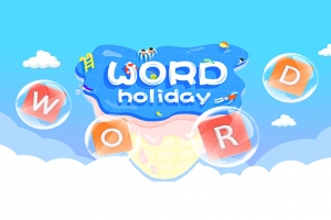 파란색 하늘과 구름 배경 위에 WORD와 holiday라는 단어가 물놀이 테마의 글자로 디자인되어 있는 이미지
