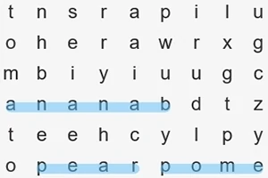 단어 찾기 퍼즐에서 파란색으로 강조된 banana, pear, apple