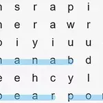 단어 찾기 퍼즐에서 파란색으로 강조된 banana, pear, apple