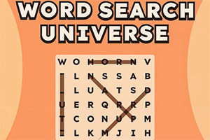 주황색 배경 위에 ‘WORD SEARCH UNIVERSE’ 제목과 단어 찾기 퍼즐 격자가 있는 화면
