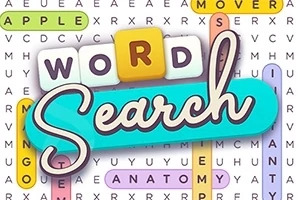색색의 단어들이 포함된 워드 서치 퍼즐 배경과 WORD SEARCH라는 텍스트가 중앙에 강조됨