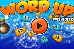 파란 배경에 WORD UP라는 큰 텍스트와 작은 알파벳이 흩어져 있고, 중앙에 재생 버튼이 있는 이미지