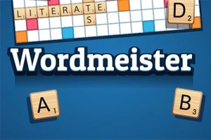 파란색 배경에 Wordmeister라는 글자와 스크래블 보드 일부, 문자 타일 A, B가 보인다