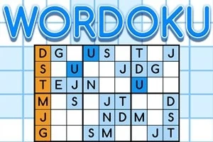 WORDOKU라는 글자와 함께 오렌지색과 파란색으로 강조된 알파벳으로 구성된 격자 퍼즐 이미지