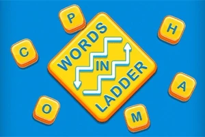 노란색 타일에 WORDS IN LADDER가 쓰여 있고, 주위에 C, O, P, H, A, M 글자가 있는 주황색 타일들이 있는 이미지