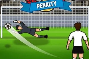 축구 경기에서 골키퍼가 페널티킥을 막으려고 점프하는 장면