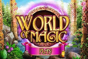World of Magic라는 큰 글자가 중심에 있고, 주변에는 환상적인 숲의 요소들로 둘러싸인 이미지