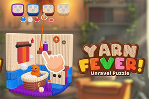 실내 배경 위에 뜨개질 퍼즐 장면과 손가락 터치 아이콘, ‘YARN FIVER!