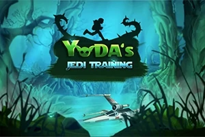 어두운 숲 배경에 Yodas Jedi Training이라는 텍스트와 함께 X-윙 우주선이 물가에 있는 이미지