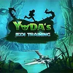 어두운 숲 배경에 Yodas Jedi Training이라는 텍스트와 함께 X-윙 우주선이 물가에 있는 이미지