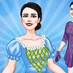 파란색과 보라색 드레스를 입은 두 명의 여성 일러스트레이션으로, 한 명은 꽃다발을 들고 있다