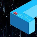 빨간색 자동차가 파란색 3D 경사로를 주행하고 있으며, 배경은 별이 빛나는 밤하늘입니다