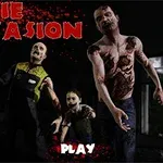 좀비들이 어두운 배경에서 다가오는 모습과 ZOMBIE INVASION이라는 빨간색 텍스트가 있는 이미지