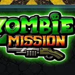 녹색과 주황색으로 강조된 Zombie Mission이라는 글자가 중앙에 있고 그 아래에 총이 그려져 있다