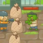 헬멧을 쓴 남자가 모래주머니 뒤에서 총을 들고 초록색 좀비에 맞서고 있는 장면