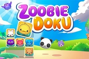알록달록한 동물 캐릭터들이 파란 하늘과 푸른 초원이 어우러진 배경에 배열되어 있으며, 이미지 상단에 큰 알파벳으로 ZOOBIE DOKU라는 문구가 있습니다