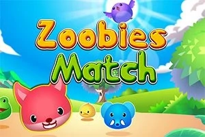 알록달록한 동물 캐릭터들과 밝은 하늘, 나무 배경 위에 Zoobies Match라는 텍스트가 있는 이미지
